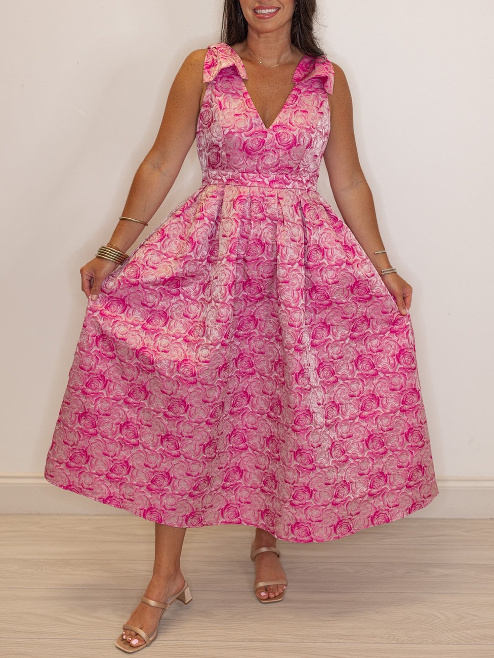 Pink Floral Jacquard Fit & Flare Dress - Size  Large - Bow Strap Midi - NWOT